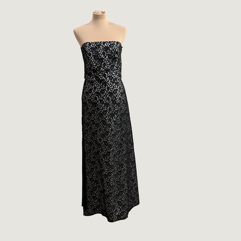 VTG Vivian Dessy Diamond Strapless Lace Maxi Dress Black Formal Evening 12 READ